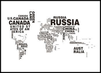World map text kort 50 x 70 cm i sort hvid