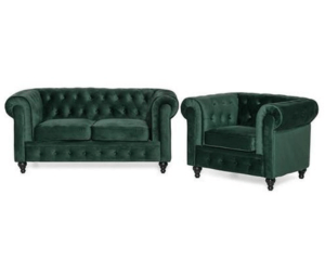 Grøn velour chesterfield sofa med lænestol